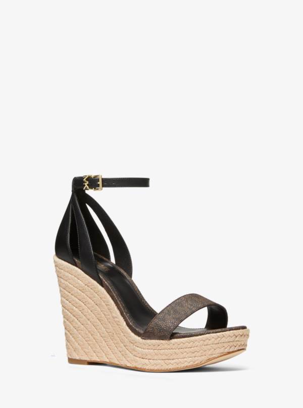 Damske Sandále Michael Kors Kimberly Logo and Leather Wedge Hnede - Topanky Michael Kors Slevy | RTXHK-3190